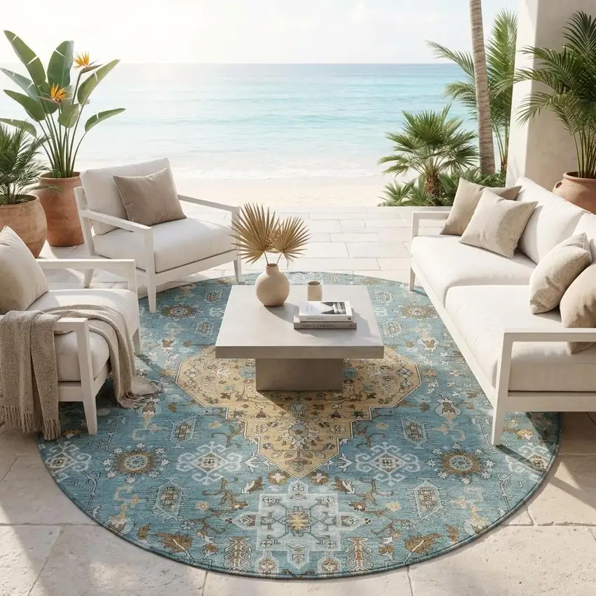 8' Teal Blue And Graphite Round Medallion Washable Indoor Outdoor Area Rug Photo 1