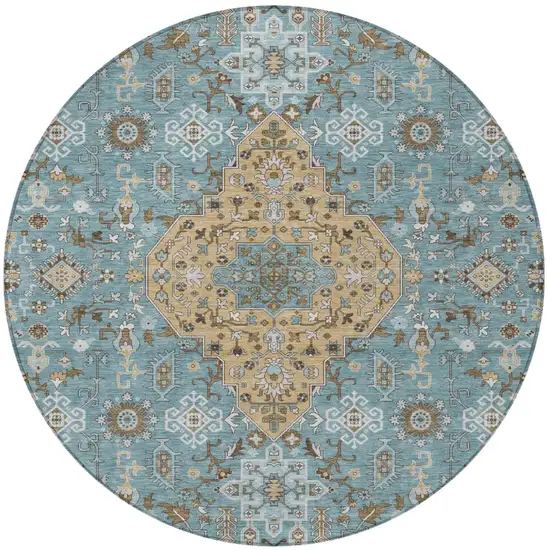 8' Teal Blue And Graphite Round Medallion Washable Indoor Outdoor Area Rug Photo 4