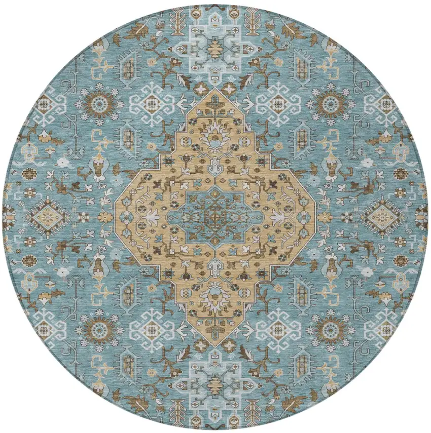 8' Teal Blue And Graphite Round Medallion Washable Indoor Outdoor Area Rug Photo 4