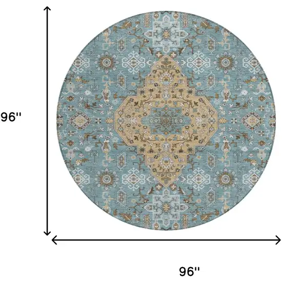 8' Teal Blue And Graphite Round Medallion Washable Indoor Outdoor Area Rug Photo 7