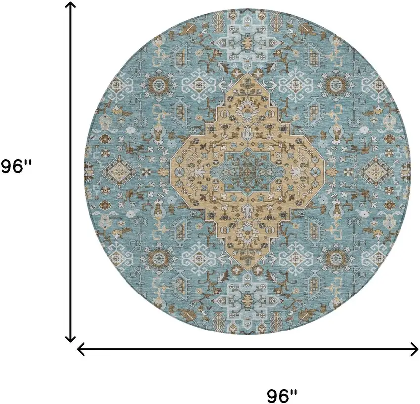 8' Teal Blue And Graphite Round Medallion Washable Indoor Outdoor Area Rug Photo 7