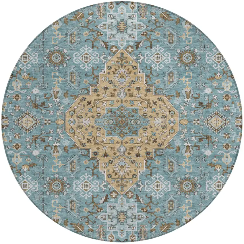 8' Teal Blue And Graphite Round Medallion Washable Indoor Outdoor Area Rug Photo 2