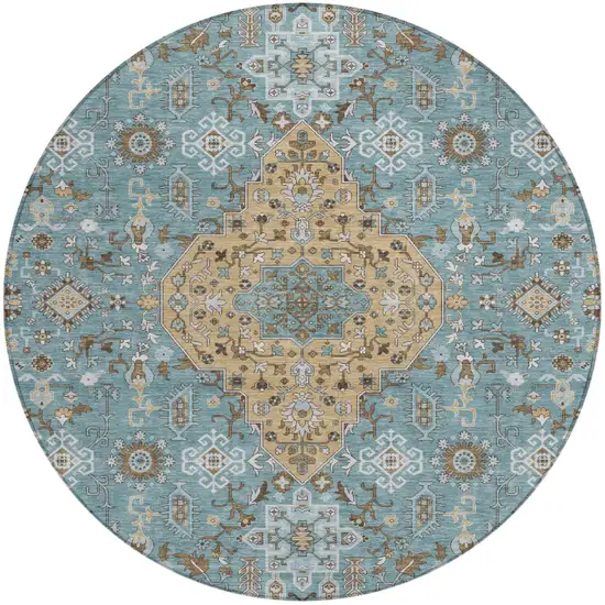 8' Teal Blue And Graphite Round Medallion Washable Indoor Outdoor Area Rug Photo 2