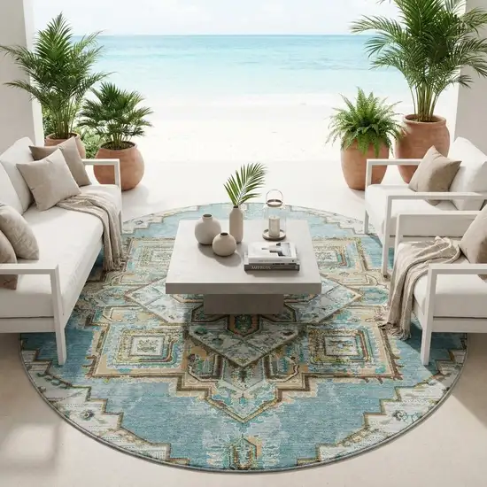 8' Teal Blue And Graphite Round Oriental Washable Indoor Outdoor Area Rug Photo 1