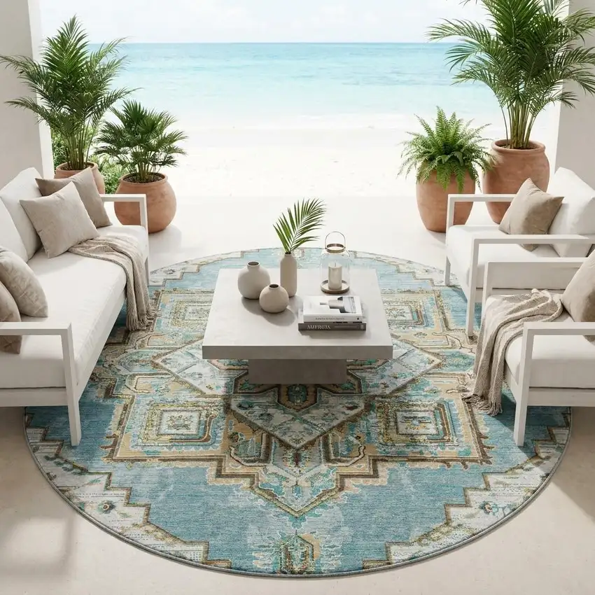 8' Teal Blue And Graphite Round Oriental Washable Indoor Outdoor Area Rug Photo 1