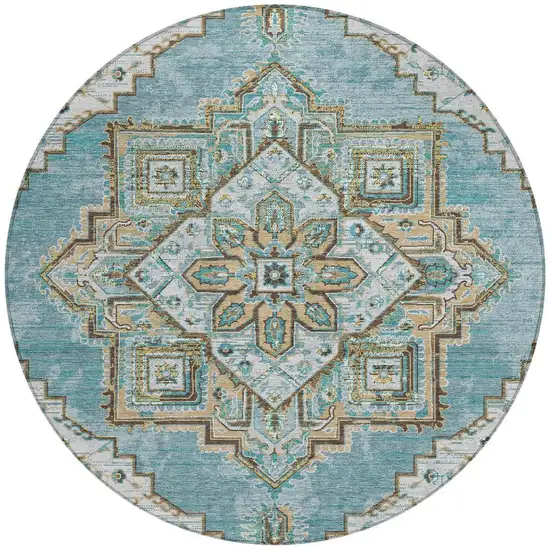 8' Teal Blue And Graphite Round Oriental Washable Indoor Outdoor Area Rug Photo 3