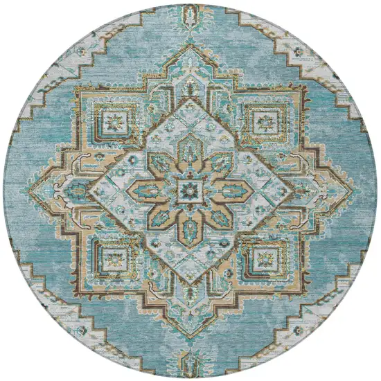8' Teal Blue And Graphite Round Oriental Washable Indoor Outdoor Area Rug Photo 4
