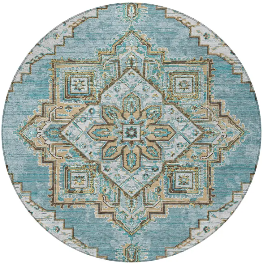 8' Teal Blue And Graphite Round Oriental Washable Indoor Outdoor Area Rug Photo 4