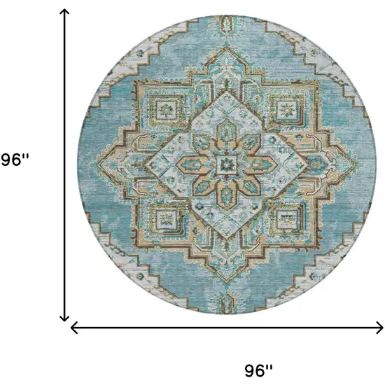 8' Teal Blue And Graphite Round Oriental Washable Indoor Outdoor Area Rug Photo 7