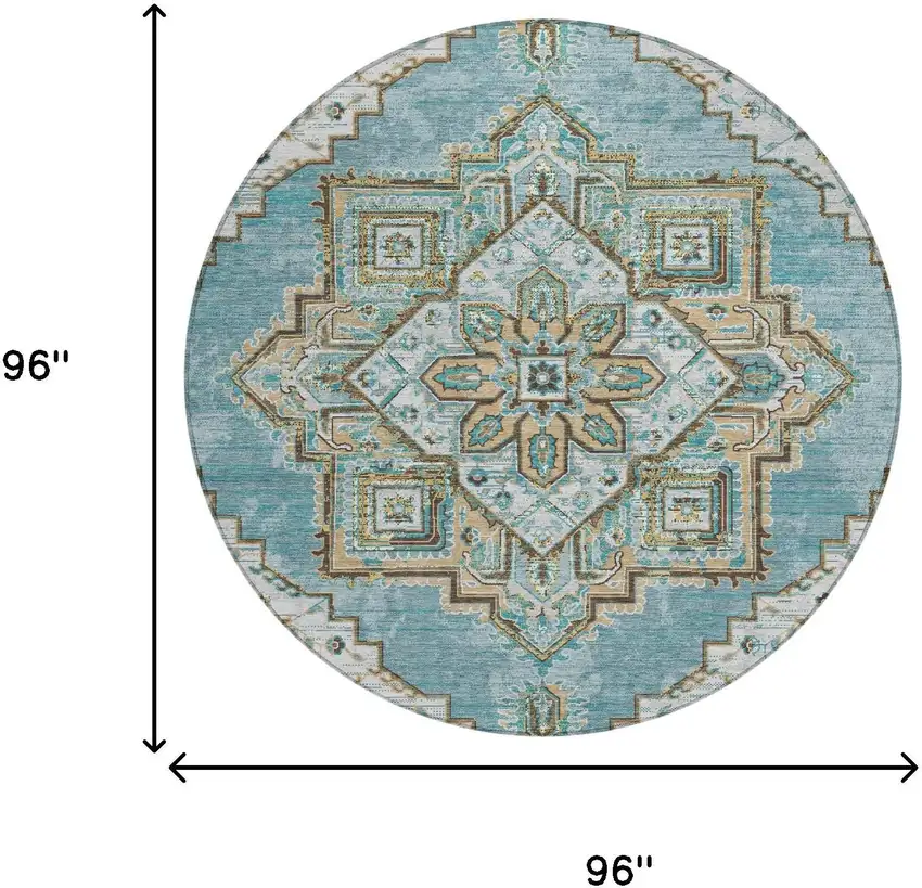 8' Teal Blue And Graphite Round Oriental Washable Indoor Outdoor Area Rug Photo 7