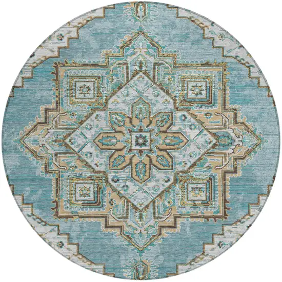 8' Teal Blue And Graphite Round Oriental Washable Indoor Outdoor Area Rug Photo 2