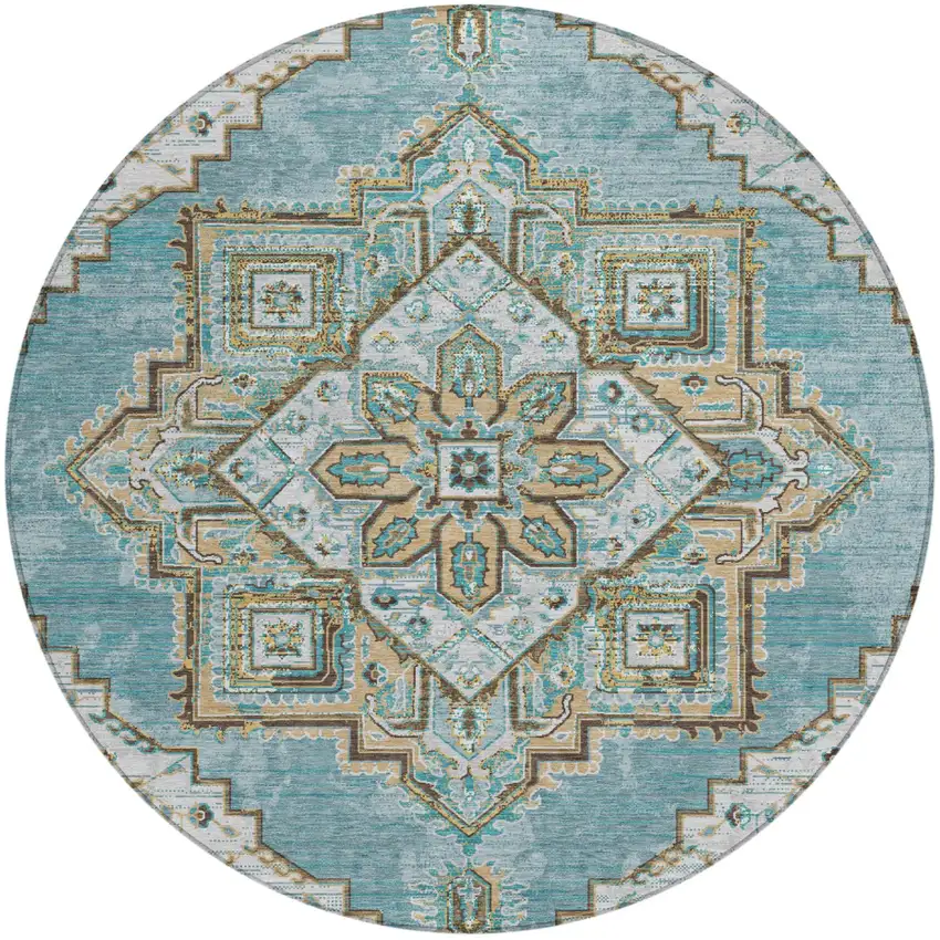 8' Teal Blue And Graphite Round Oriental Washable Indoor Outdoor Area Rug Photo 2