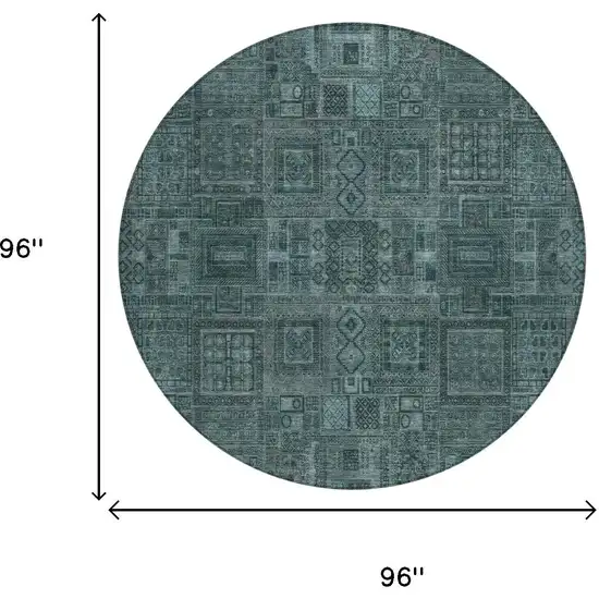 8' Teal Blue And Graphite Round Oriental Washable Indoor Outdoor Area Rug Photo 5