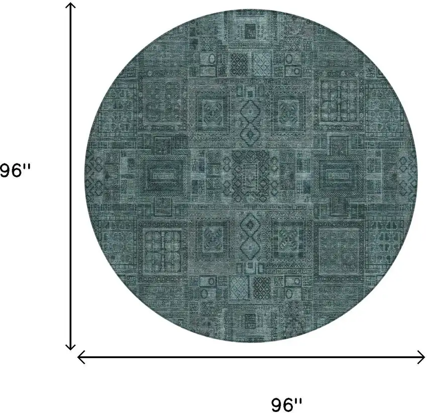 8' Teal Blue And Graphite Round Oriental Washable Indoor Outdoor Area Rug Photo 5