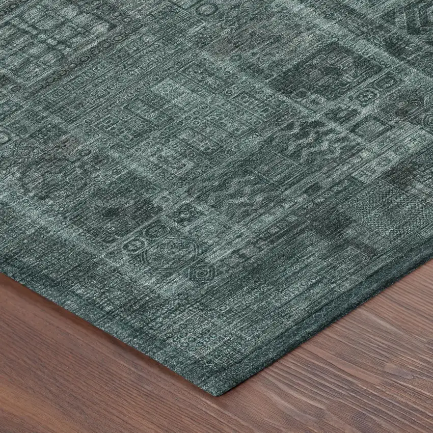 8' Teal Blue And Graphite Round Oriental Washable Indoor Outdoor Area Rug Photo 3