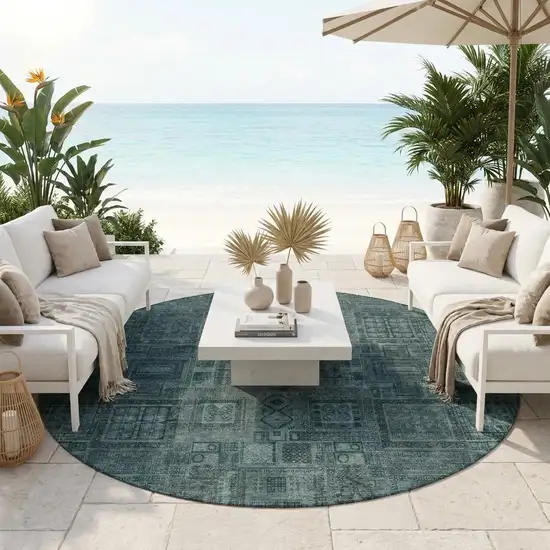 8' Teal Blue And Graphite Round Oriental Washable Indoor Outdoor Area Rug Photo 1
