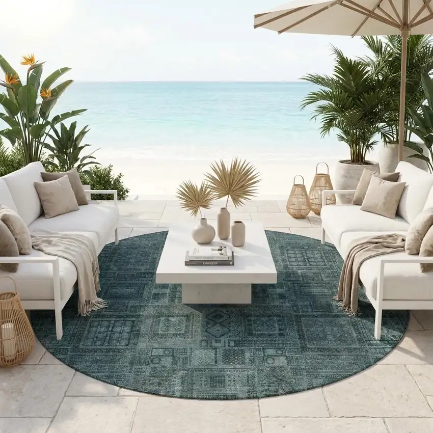 8' Teal Blue And Graphite Round Oriental Washable Indoor Outdoor Area Rug Photo 1