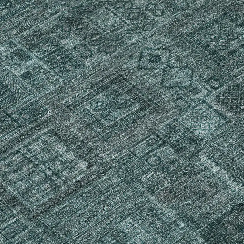 8' Teal Blue And Graphite Round Oriental Washable Indoor Outdoor Area Rug Photo 4