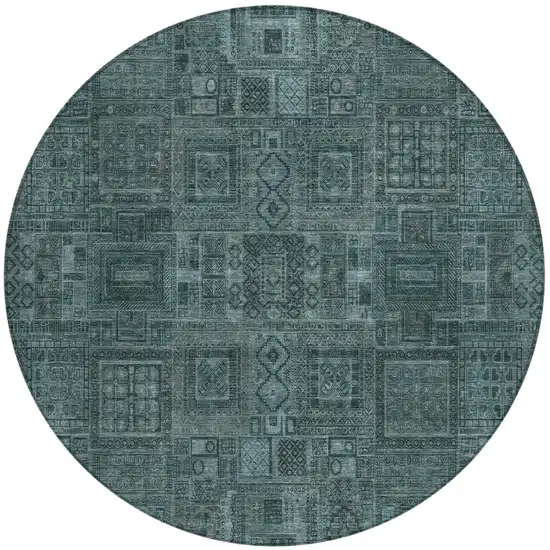 8' Teal Blue And Graphite Round Oriental Washable Indoor Outdoor Area Rug Photo 2