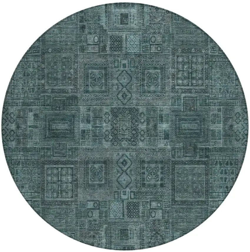 8' Teal Blue And Graphite Round Oriental Washable Indoor Outdoor Area Rug Photo 2