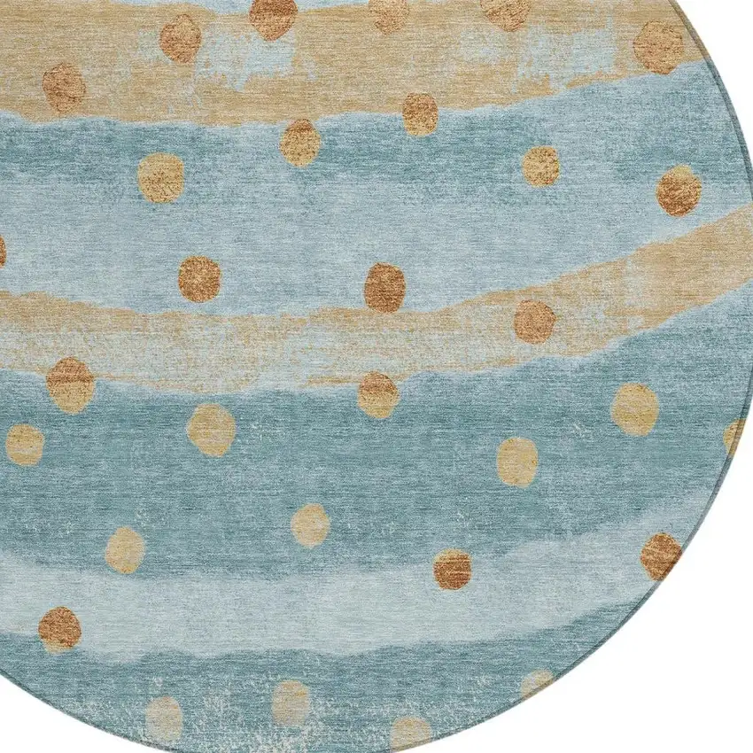 8' Teal Blue And Graphite Round Striped Washable Indoor Outdoor Area Rug Photo 5