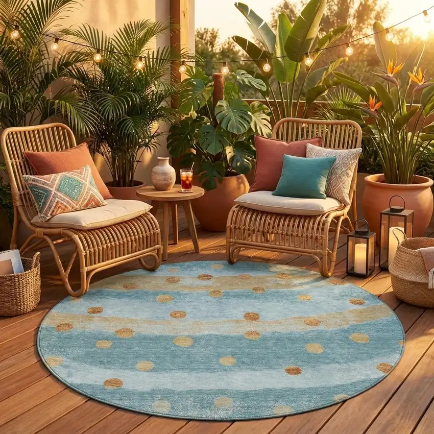 8' Teal Blue And Graphite Round Striped Washable Indoor Outdoor Area Rug Photo 1