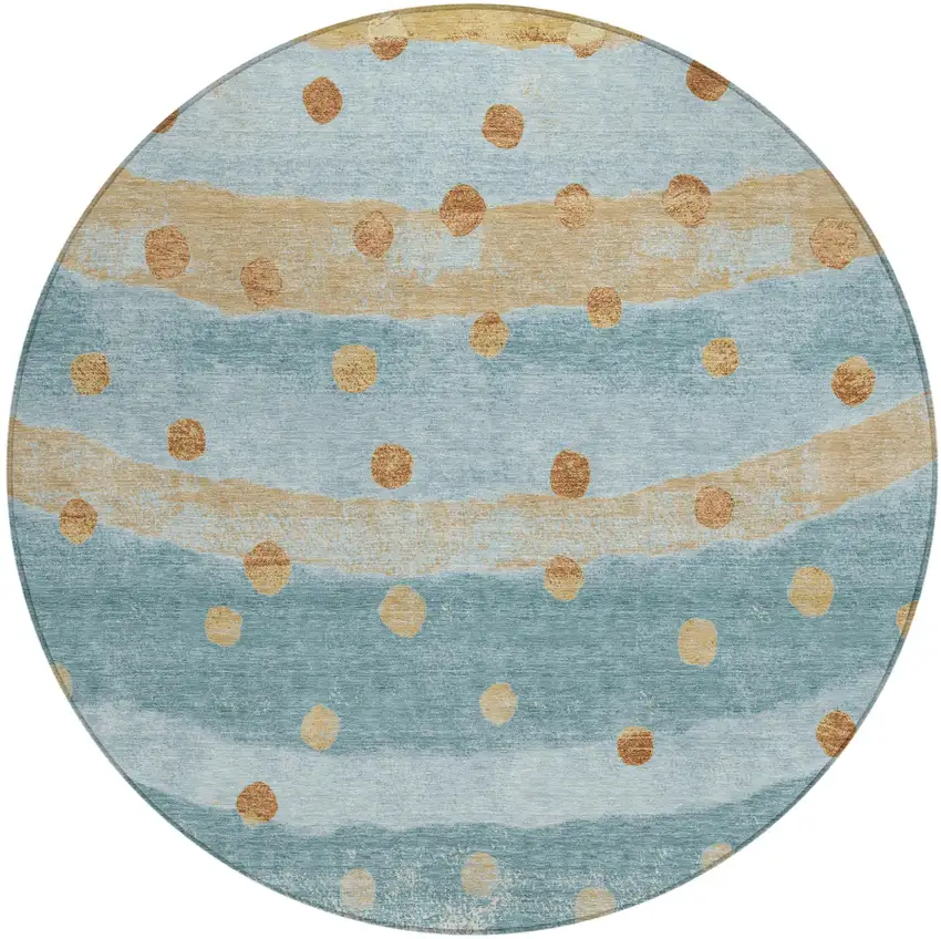 8' Teal Blue And Graphite Round Striped Washable Indoor Outdoor Area Rug Photo 2
