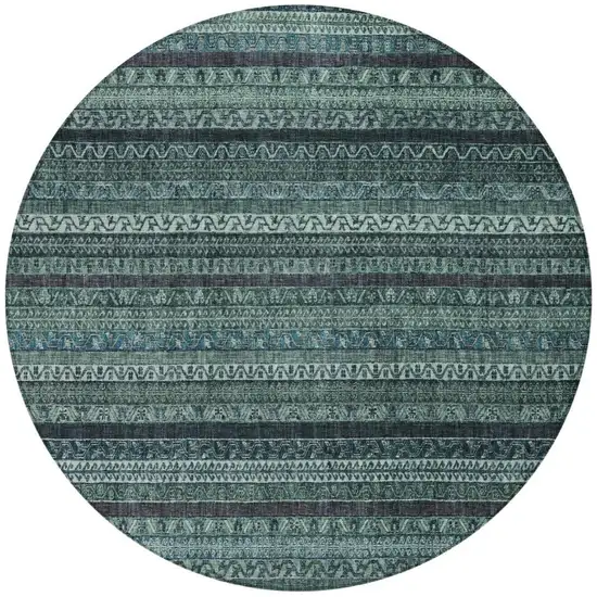 8' Teal Blue And Graphite Round Striped Washable Indoor Outdoor Area Rug Photo 2