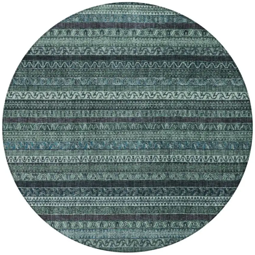 8' Teal Blue And Graphite Round Striped Washable Indoor Outdoor Area Rug Photo 2