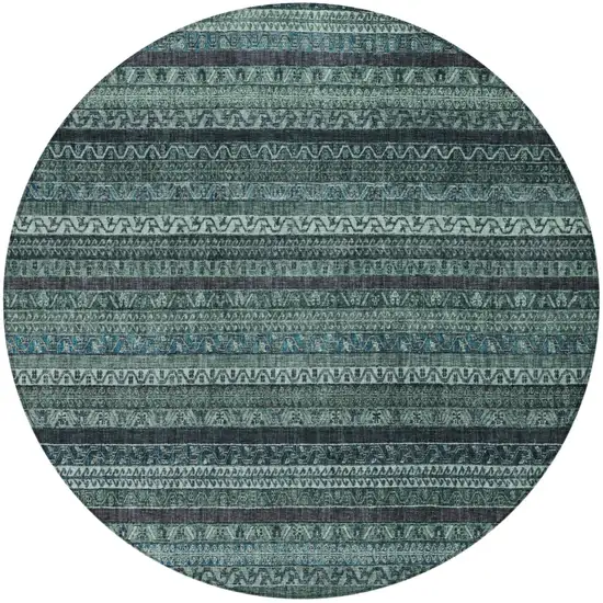 8' Teal Blue And Graphite Round Striped Washable Indoor Outdoor Area Rug Photo 3