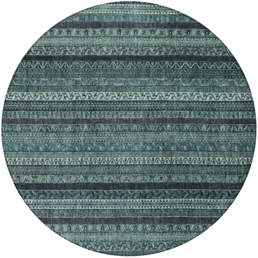 8' Teal Blue And Graphite Round Striped Washable Indoor Outdoor Area Rug Photo 3