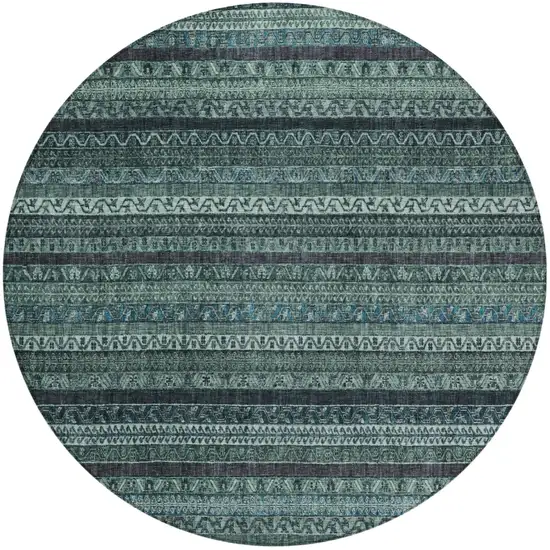 8' Teal Blue And Graphite Round Striped Washable Indoor Outdoor Area Rug Photo 4