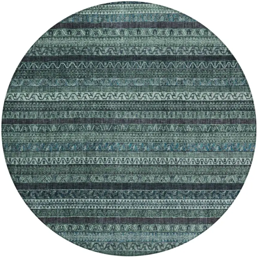 8' Teal Blue And Graphite Round Striped Washable Indoor Outdoor Area Rug Photo 4