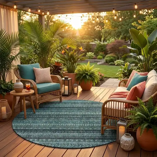 8' Teal Blue And Graphite Round Striped Washable Indoor Outdoor Area Rug Photo 1