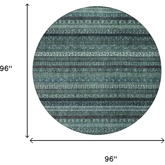 8' Teal Blue And Graphite Round Striped Washable Indoor Outdoor Area Rug Photo 6