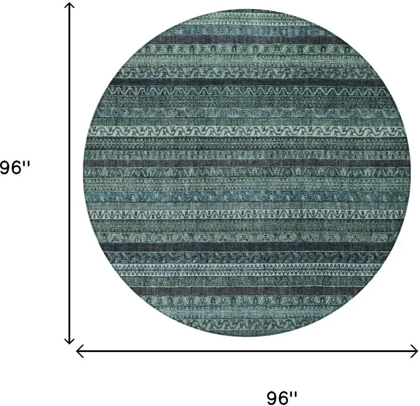 8' Teal Blue And Graphite Round Striped Washable Indoor Outdoor Area Rug Photo 6