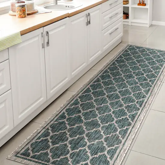 8' Teal Blue And Gray Geometric Indoor Outdoor Runner Rug Photo 6