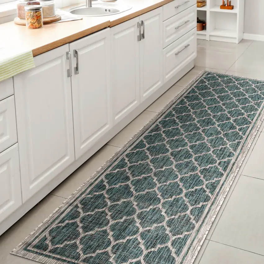 8' Teal Blue And Gray Geometric Indoor Outdoor Runner Rug Photo 6