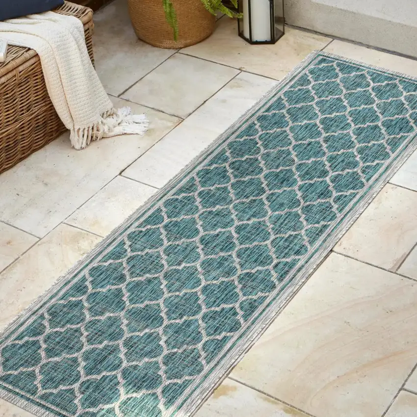8' Teal Blue And Gray Geometric Indoor Outdoor Runner Rug Photo 5