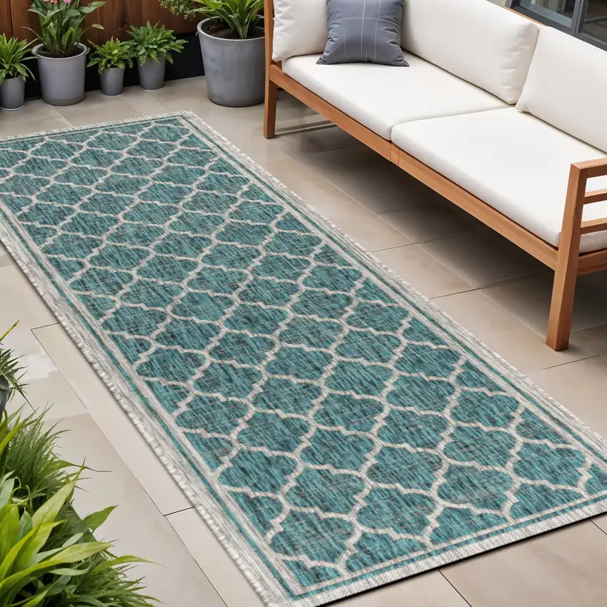 8' Teal Blue And Gray Geometric Indoor Outdoor Runner Rug Photo 1