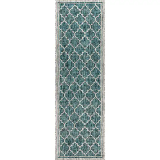 8' Teal Blue And Gray Geometric Indoor Outdoor Runner Rug Photo 3