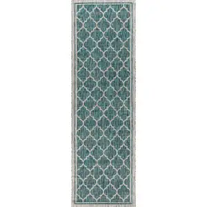 Photo of 8' Teal Blue And Gray Geometric Indoor Outdoor Runner Rug