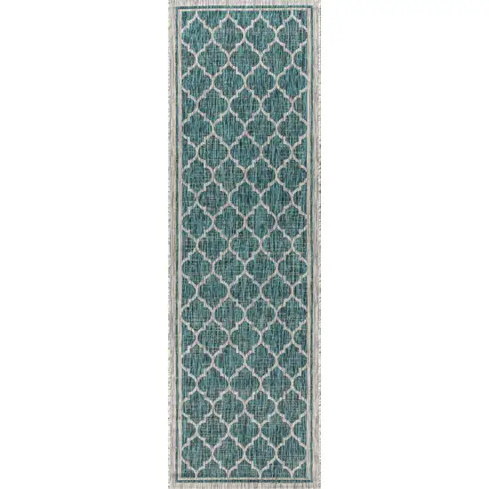 8' Teal Blue And Gray Geometric Indoor Outdoor Runner Rug Photo 1