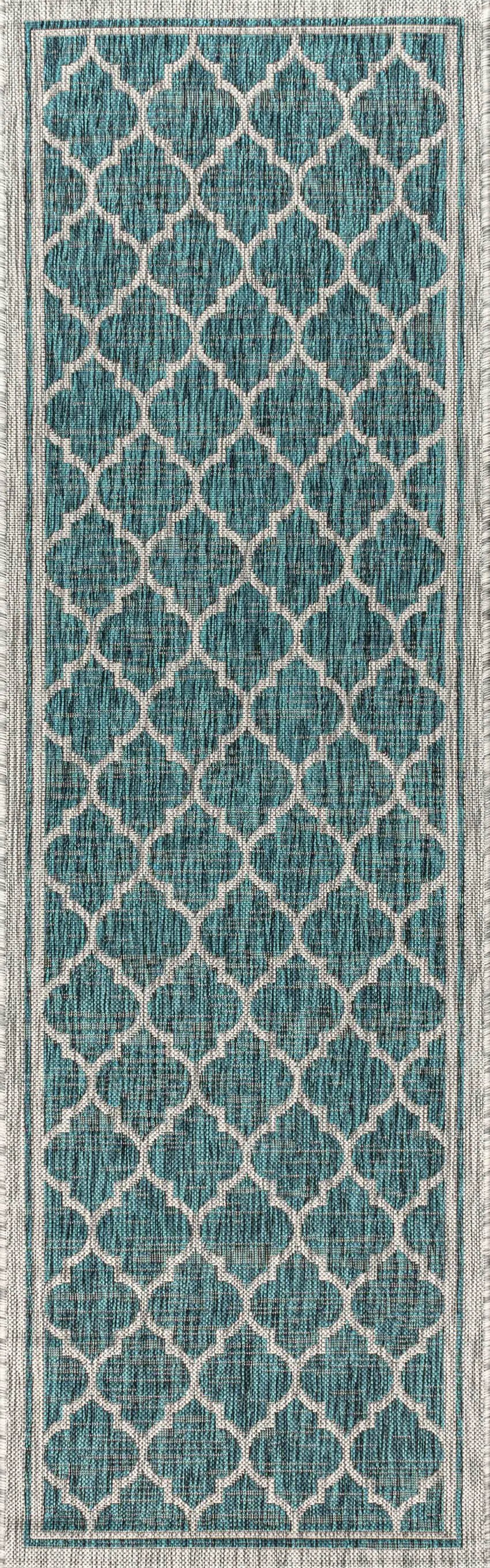 8' Teal Blue And Gray Geometric Indoor Outdoor Runner Rug Photo 1