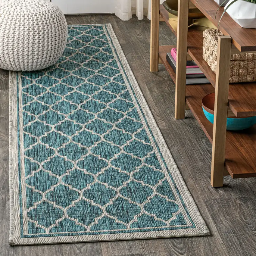8' Teal Blue And Gray Geometric Indoor Outdoor Runner Rug Photo 4