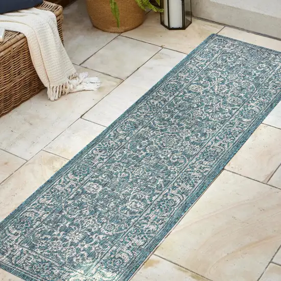 8' Teal Blue And Gray Medallion Indoor Outdoor Runner Rug Photo 5