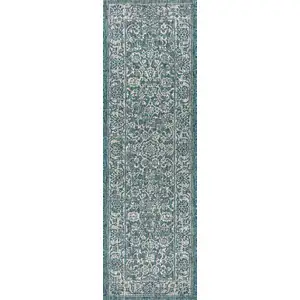 Photo of 8' Teal Blue And Gray Medallion Indoor Outdoor Runner Rug