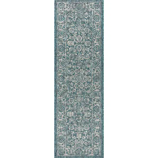 8' Teal Blue And Gray Medallion Indoor Outdoor Runner Rug Photo 1