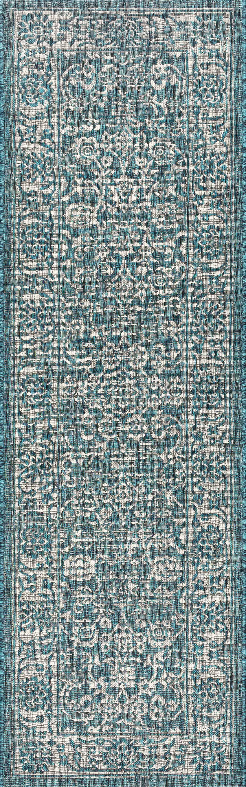 8' Teal Blue And Gray Medallion Indoor Outdoor Runner Rug Photo 1
