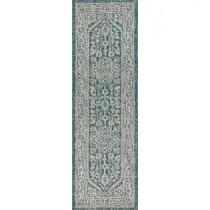 Photo of 8' Teal Blue And Gray Medallion Indoor Outdoor Runner Rug